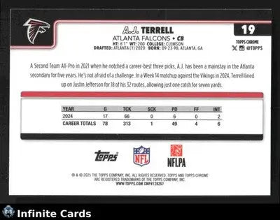 2025 Topps Chrome A.J. TERRELL #19 Hot Pink X-Fractor Atlanta Falcons