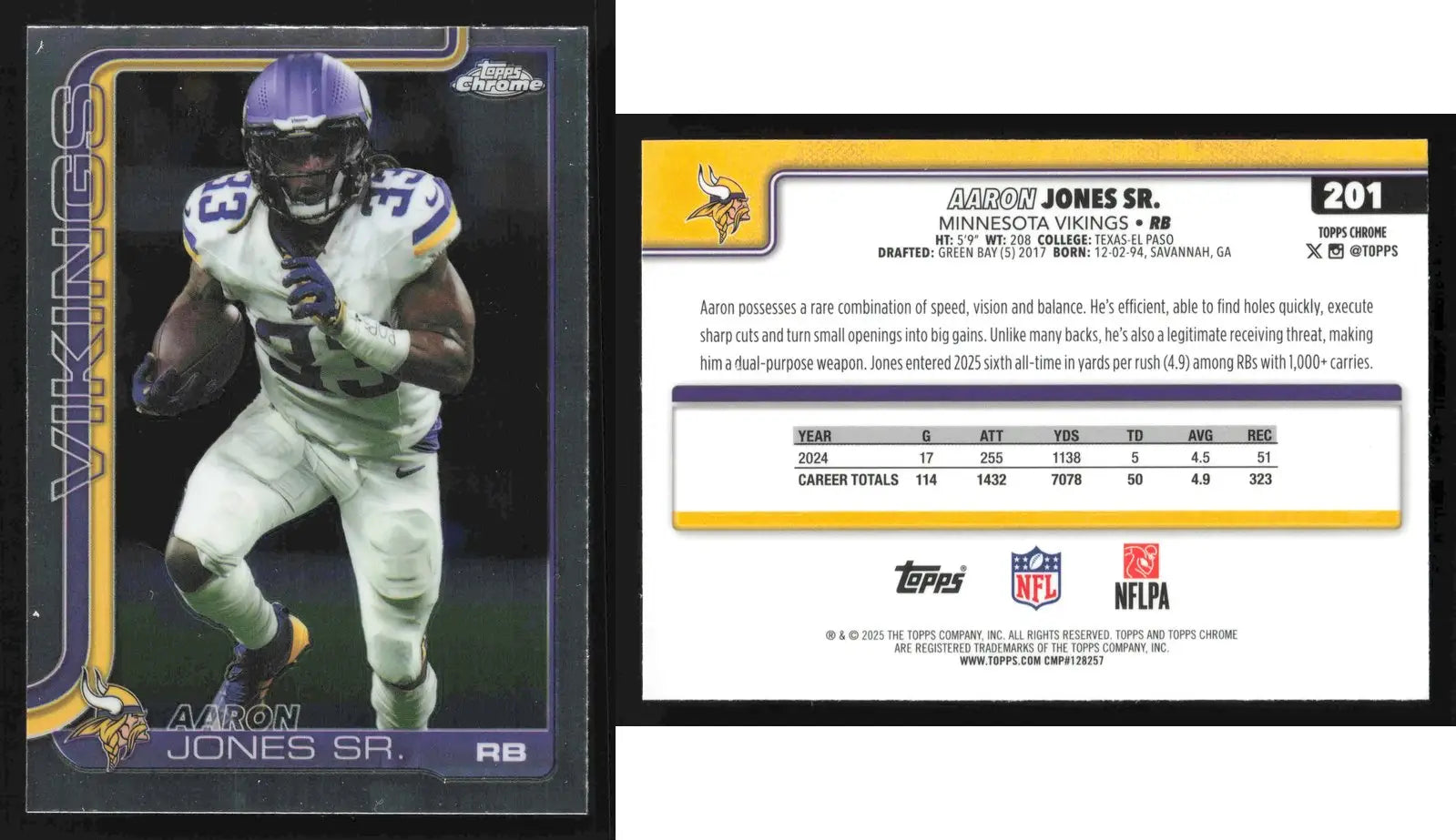 2025 Topps Chrome AARON JONES SR. #201 Minnesota Vikings - Football Card Single
