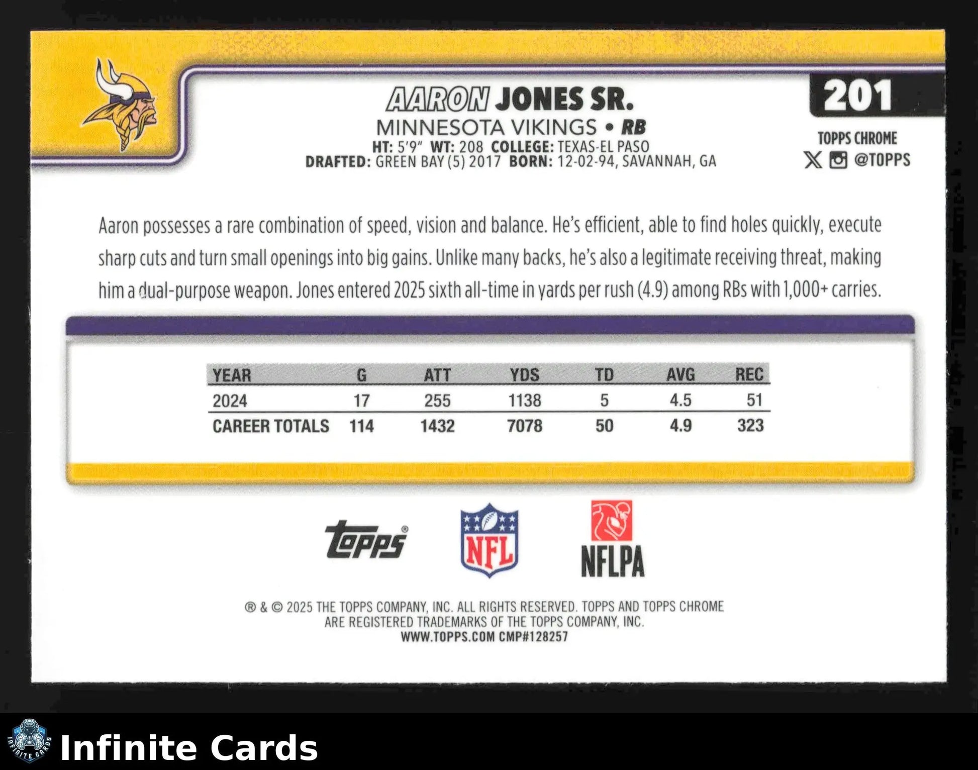 2025 Topps Chrome AARON JONES SR. #201 Minnesota Vikings - Football Card Single