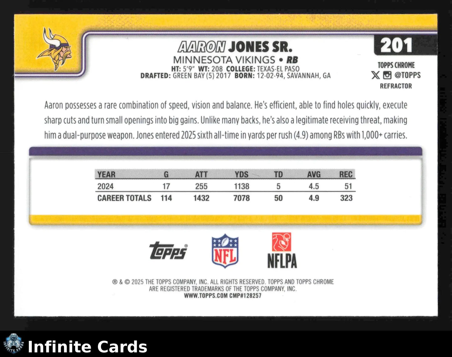 2025 Topps Chrome AARON JONES SR. #201 Refractor Minnesota Vikings - Football Card Single