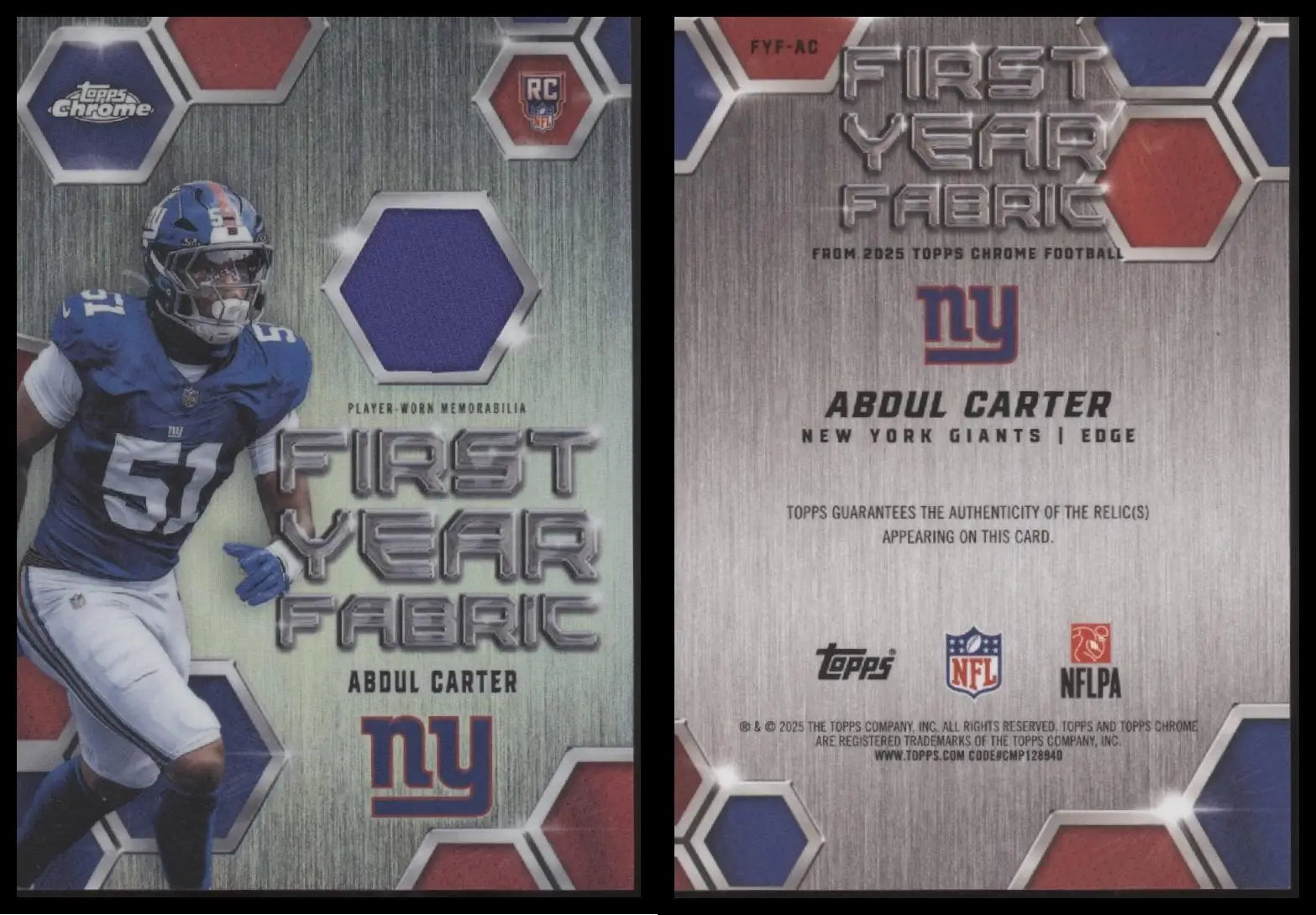 2025 Topps Chrome ABDUL CARTER #FYF-AC First Year Fabric New York Giants RC - Football Card Single