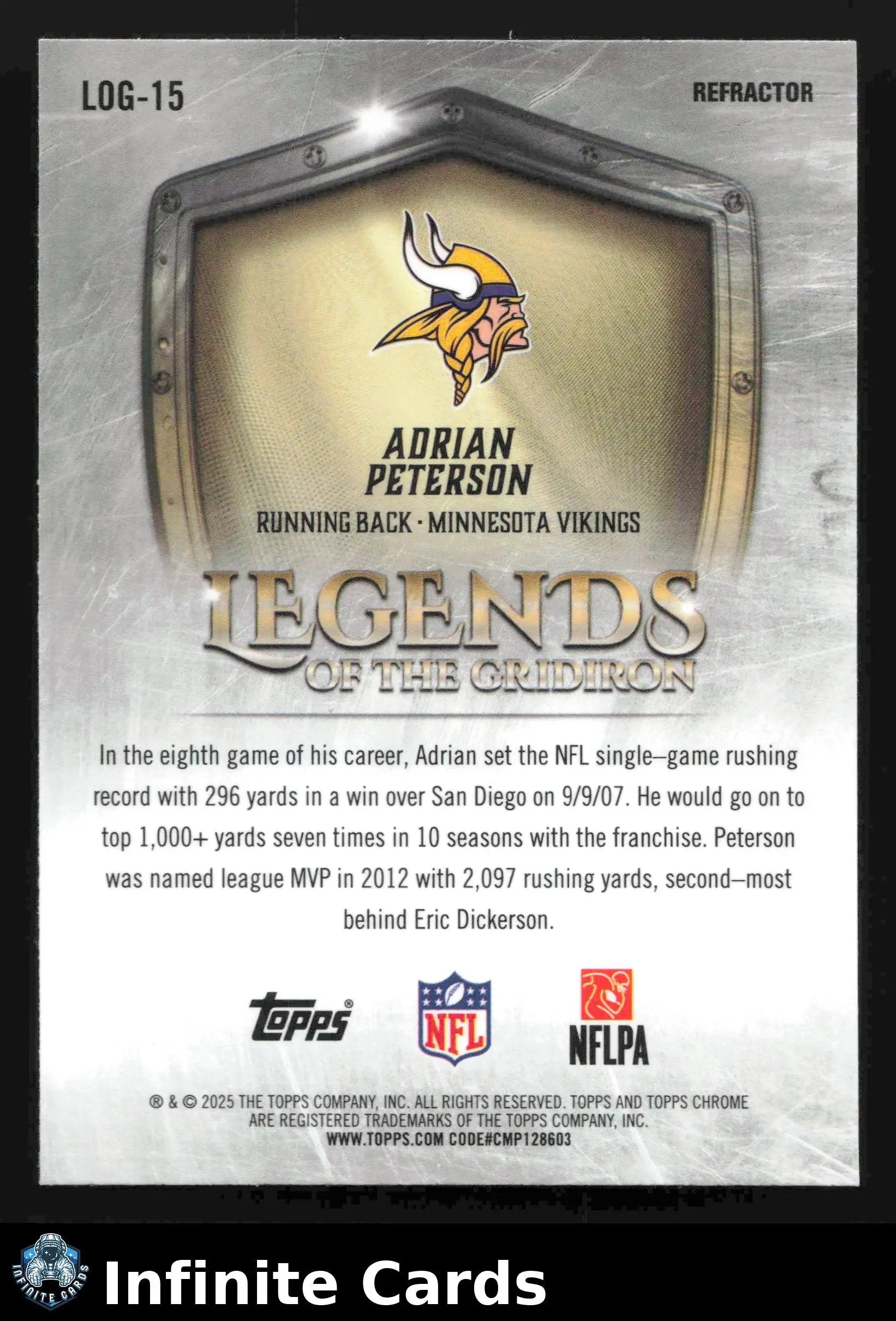 2025 Topps Chrome ADRIAN PETERSON #LOG-15 Legends of the Gridiron Refractor Viki - Football Card Single