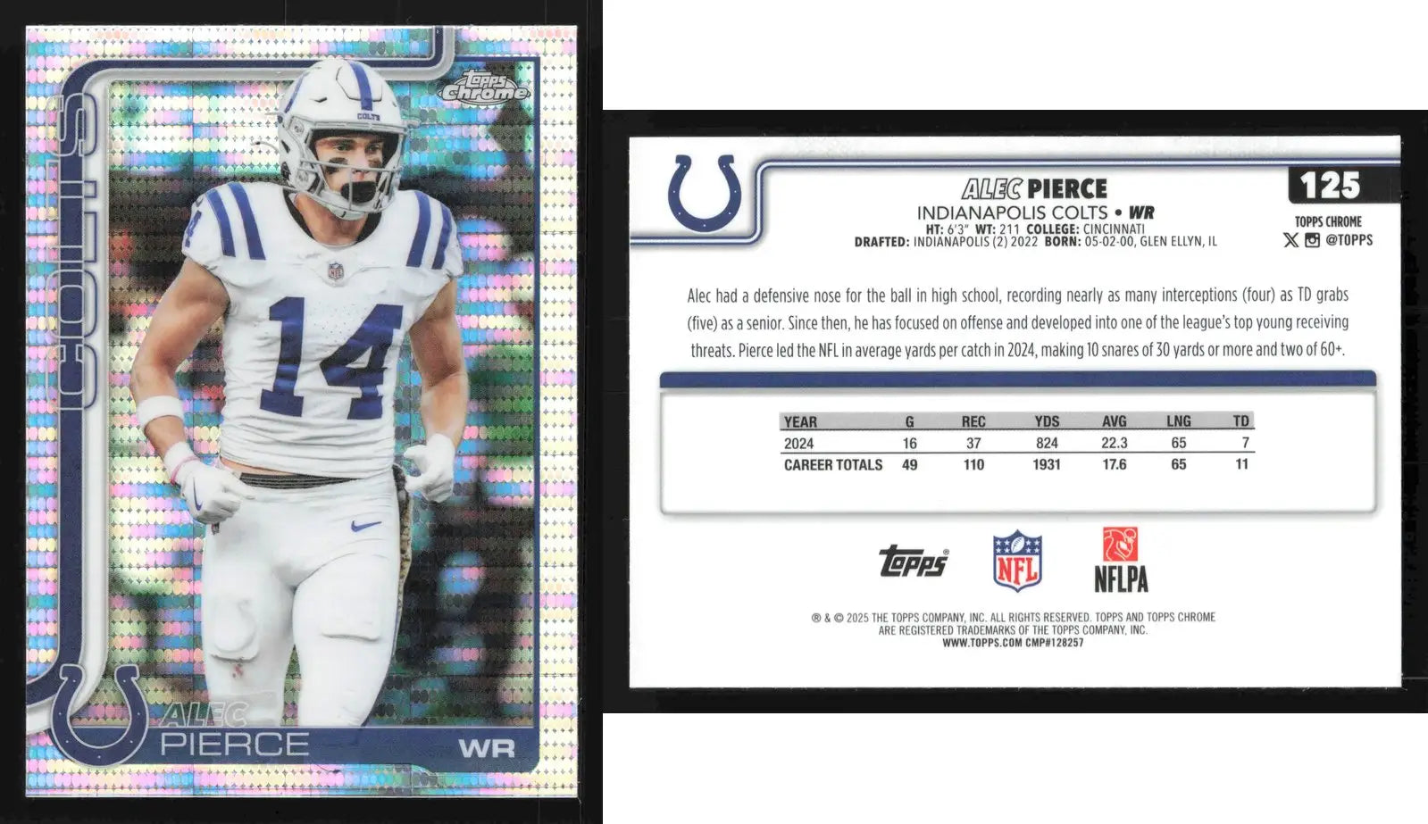 2025 Topps Chrome ALEC PIERCE #125 Pulsar Refractor Indianapolis Colts - Football Card Single