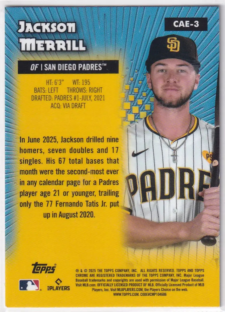 Baseball trading card of Jackson Merrill from San Diego Padres in 2025 Topps Chrome All Etch