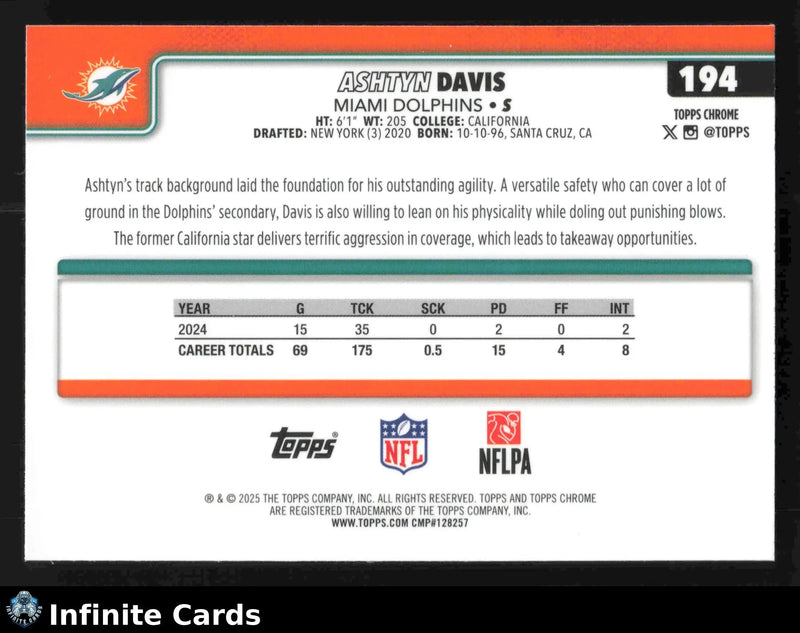 2025 Topps Chrome ASHTYN DAVIS #194 Miami Dolphins - Football Card Single