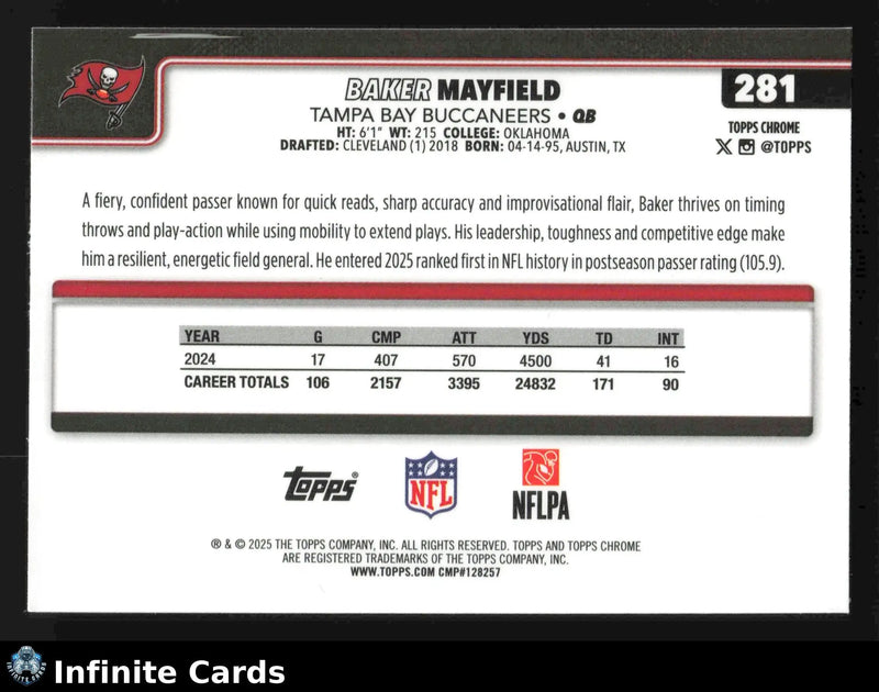 2025 Topps Chrome BAKER MAYFIELD #281 Tampa Bay Buccaneers - Football Card Single
