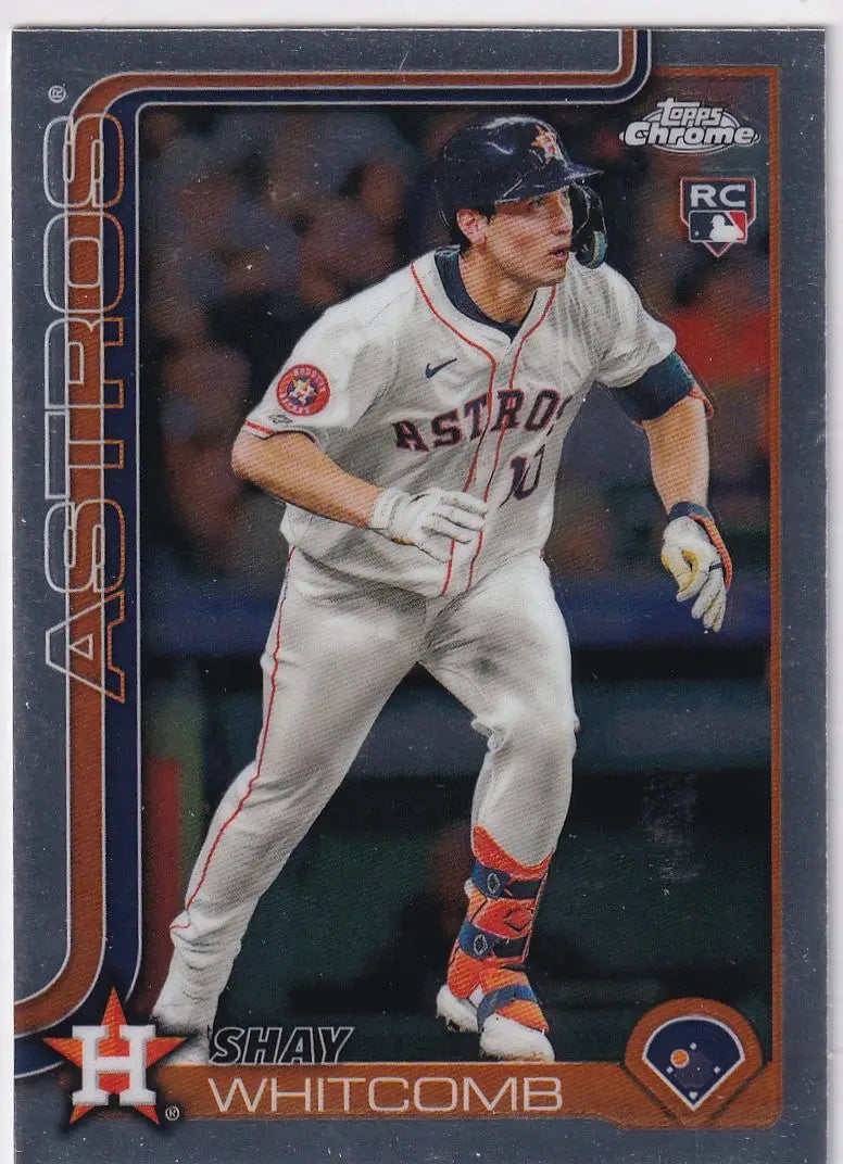 Shay Whitcomb baseball card from 2025 Topps Chrome Baseball set featuring Houston Astros