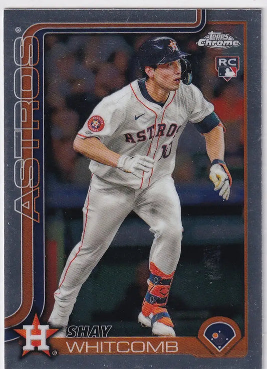Shay Whitcomb baseball card from 2025 Topps Chrome Baseball set featuring Houston Astros