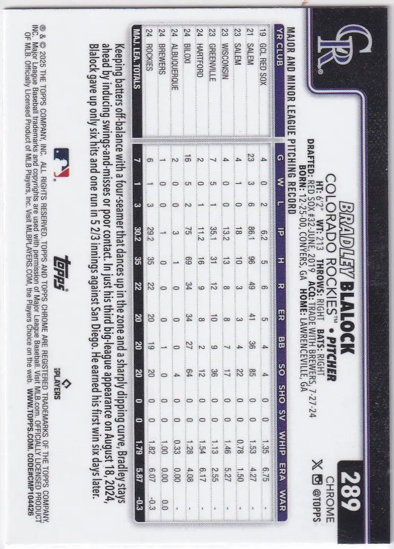 Back of 2025 Topps Chrome Baseball Bradley Blalock card showcasing chrome baseball design