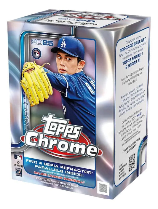 Sealed 2025 Topps Chrome Baseball Blaster Box with Dodgers player and Topps Chrome base card