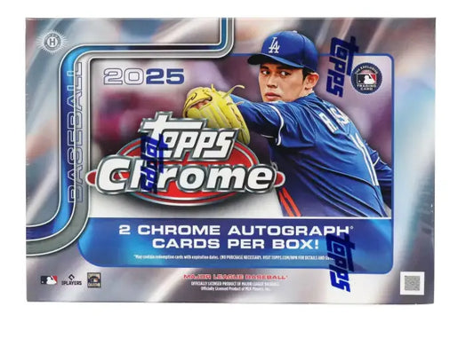 2025 Topps Chrome Baseball Breaker Delight Hobby Box with Dodgers player, three base cards, and two chrome autograph cards