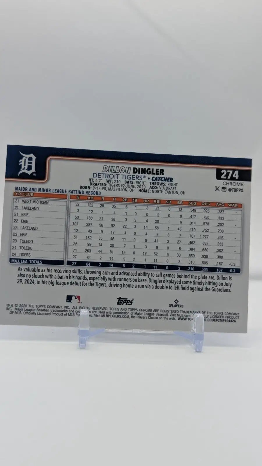 2025 Topps Chrome Baseball Dillon Dingler #274 RC Sepia Refractor - Baseball Card Single