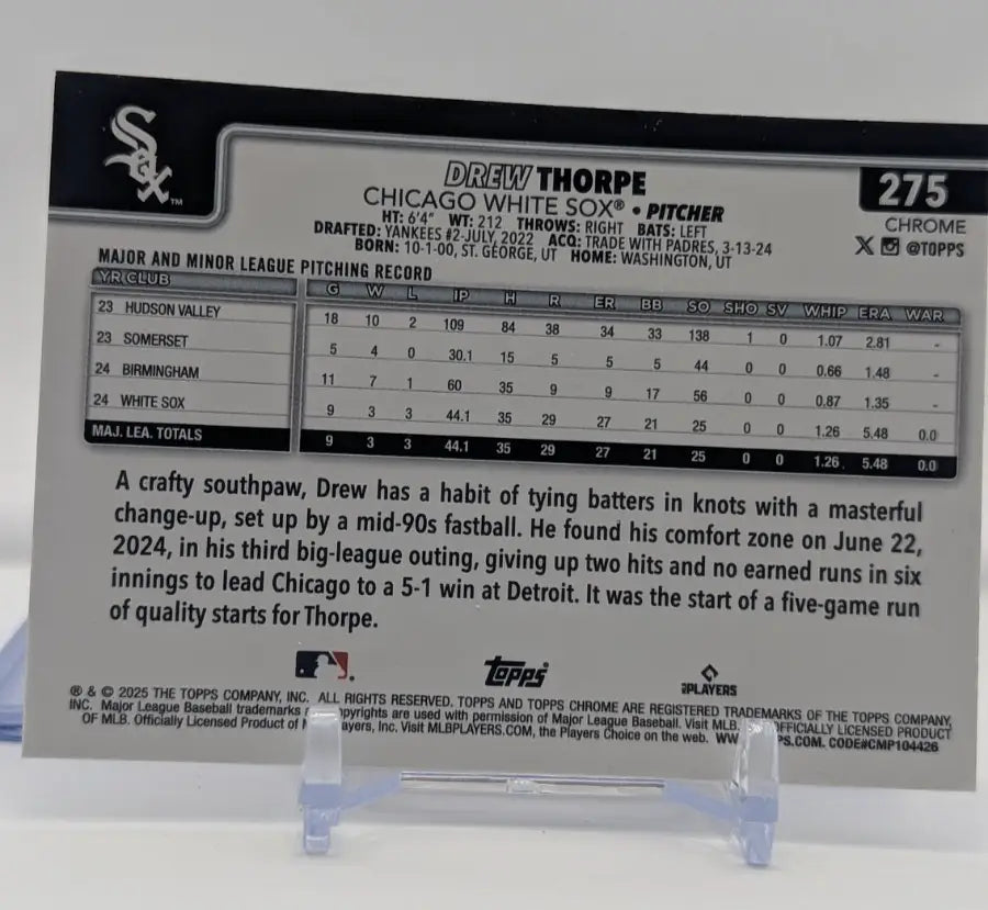 2025 Topps Chrome Baseball Drew Thorp RC Sepia Refractor #275 White Sox - Baseball Card Single