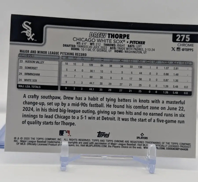 2025 Topps Chrome Baseball Drew Thorp RC Sepia Refractor #275 White Sox - Baseball Card Single