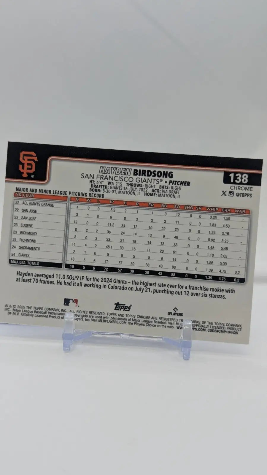 2025 Topps Chrome Baseball Hayden Birdsong RC #138 Raywave Refractor Giants - Baseball Card Single
