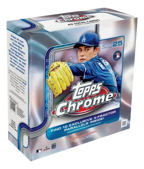 2025 Topps Chrome Baseball Mega Box with 42 cards and 10 exclusive X-Fractor parallels