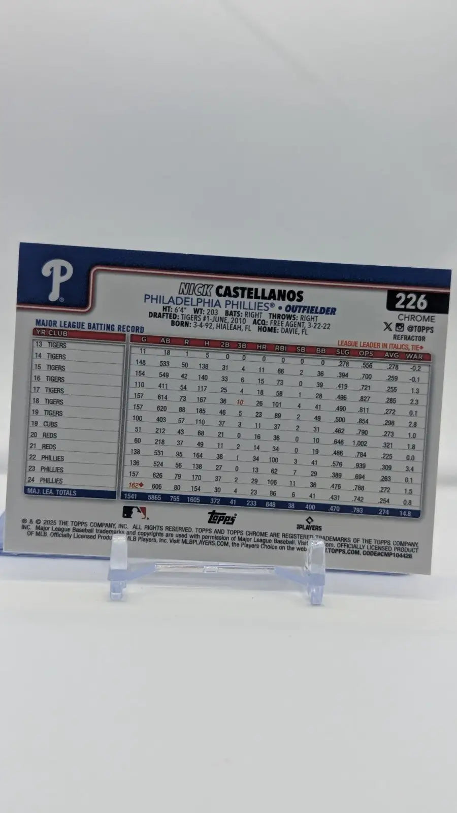 2025 Topps Chrome Baseball Nick Castellanos #226 Refractor Phillies - Baseball Card Single