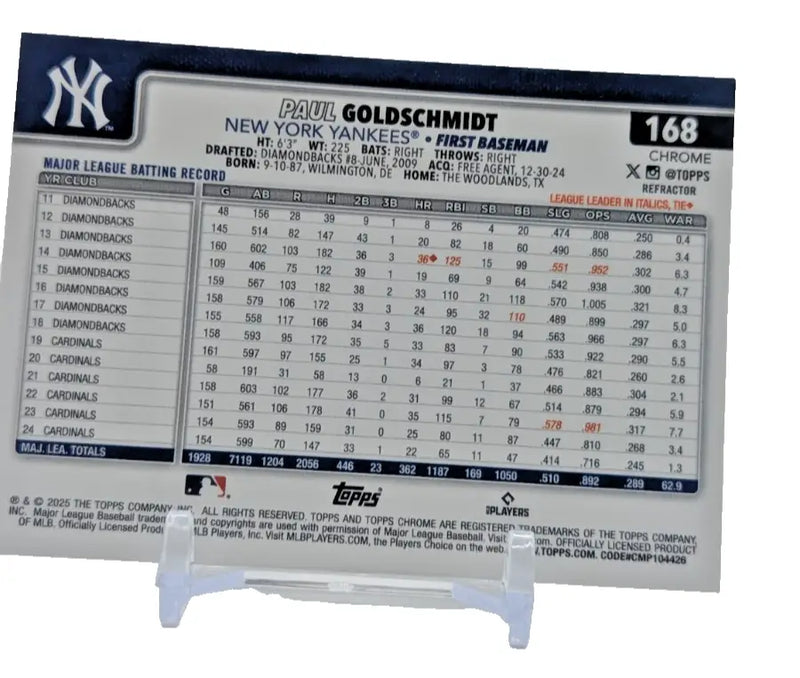 2025 Topps Chrome Baseball - Paul Goldschmidt #168 New York Yankees Refractor - Baseball Card Single