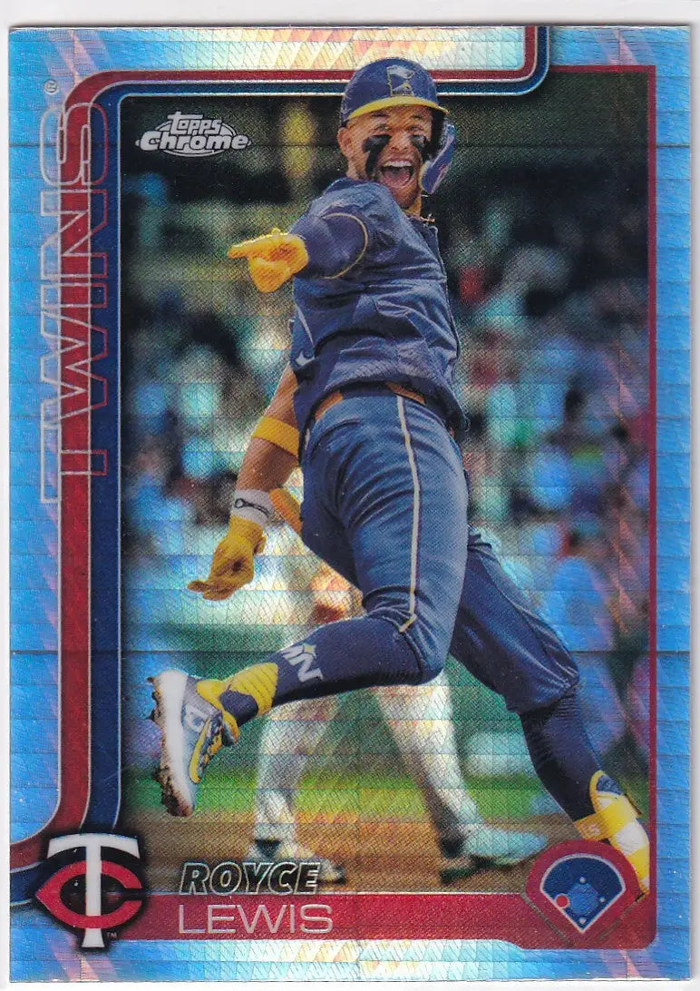 Blue-bordered Topps Chrome Baseball card featuring Royce Lewis of the Minnesota Twins