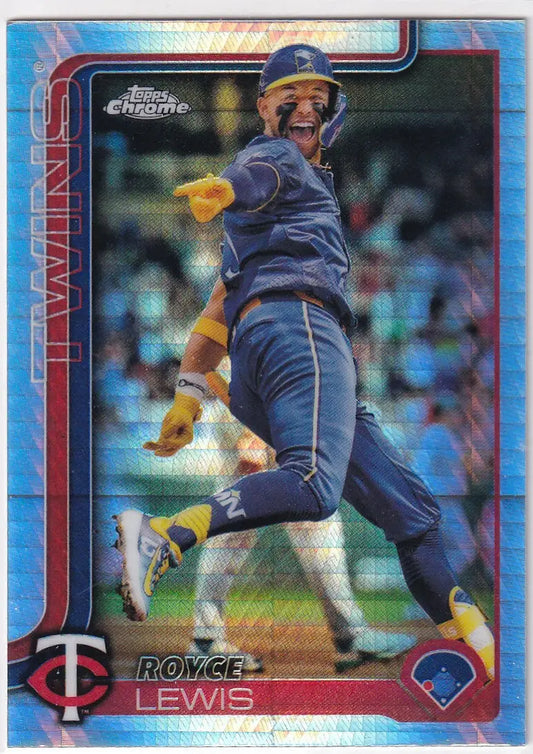 Blue-bordered Topps Chrome Baseball card featuring Royce Lewis of the Minnesota Twins