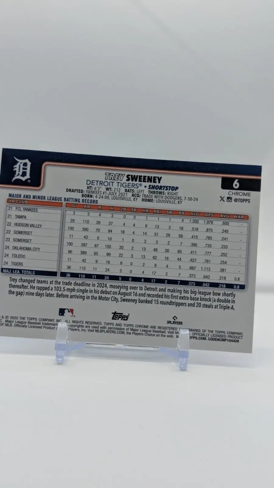 2025 Topps Chrome Baseball Trey Sweeney Tigers RayWave RC #6 - Baseball Card Single