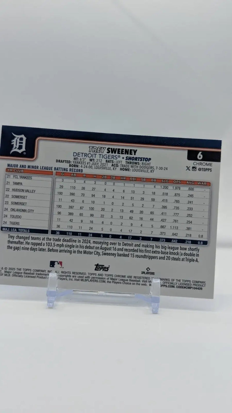 2025 Topps Chrome Baseball Trey Sweeney Tigers RayWave RC #6 - Baseball Card Single