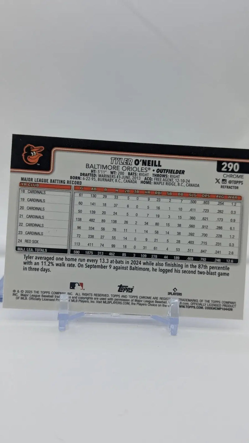 2025 Topps Chrome Baseball Tyler O’Neill #290 Chrome Refractor Baltimore Orioles - Baseball Card Single