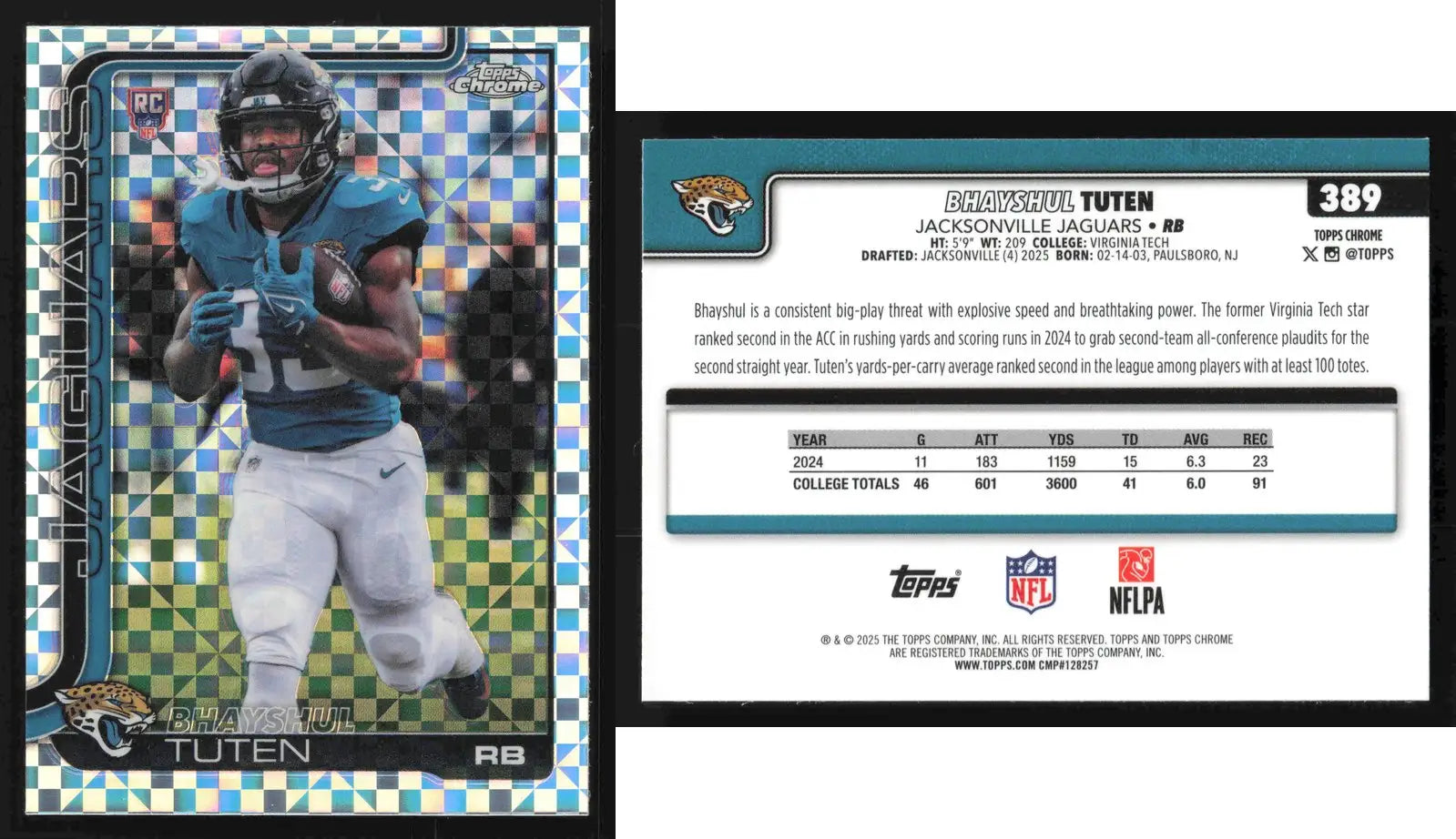 2025 Topps Chrome BHAYSHUL TUTEN #389 X-Fractor Jacksonville Jaguars RC - Football Card Single