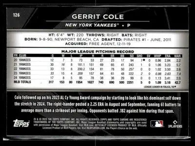 2025 Topps Chrome Black #126 Gerrit Cole - Baseball Card Single