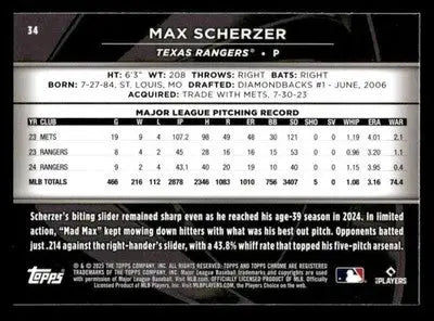 2025 Topps Chrome Black #34 Max Scherzer - Baseball Card Single