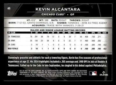 2025 Topps Chrome Black #45 Kevin Alcántara - Baseball Card Single
