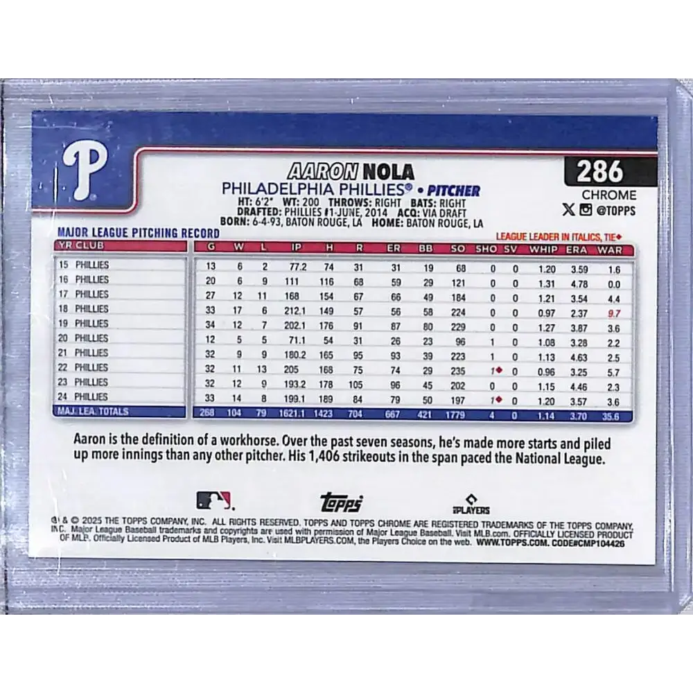 2025 Topps Chrome Black Raywave #286 Aaron Nola NM-MT 7/10 Philadelphia Phillies - Baseball Card Single
