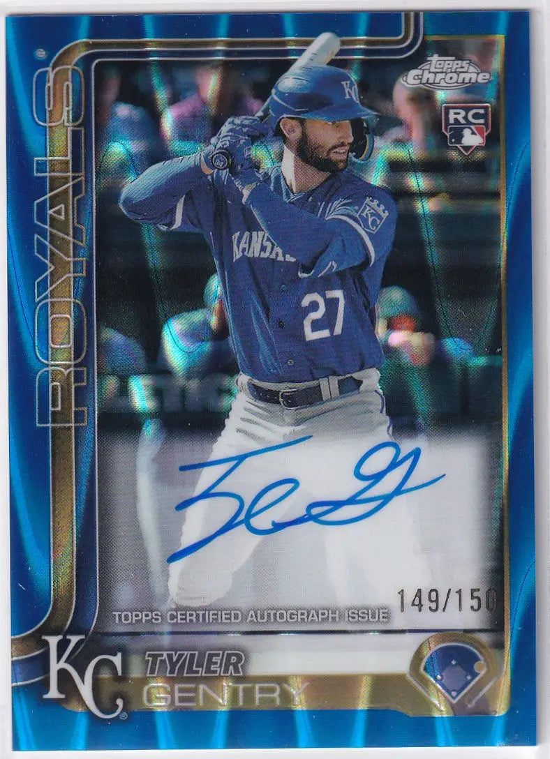 Blue wave auto trading card of Tyler Gentry in Kansas City Royals uniform from Topps Chrome Blue Wave series