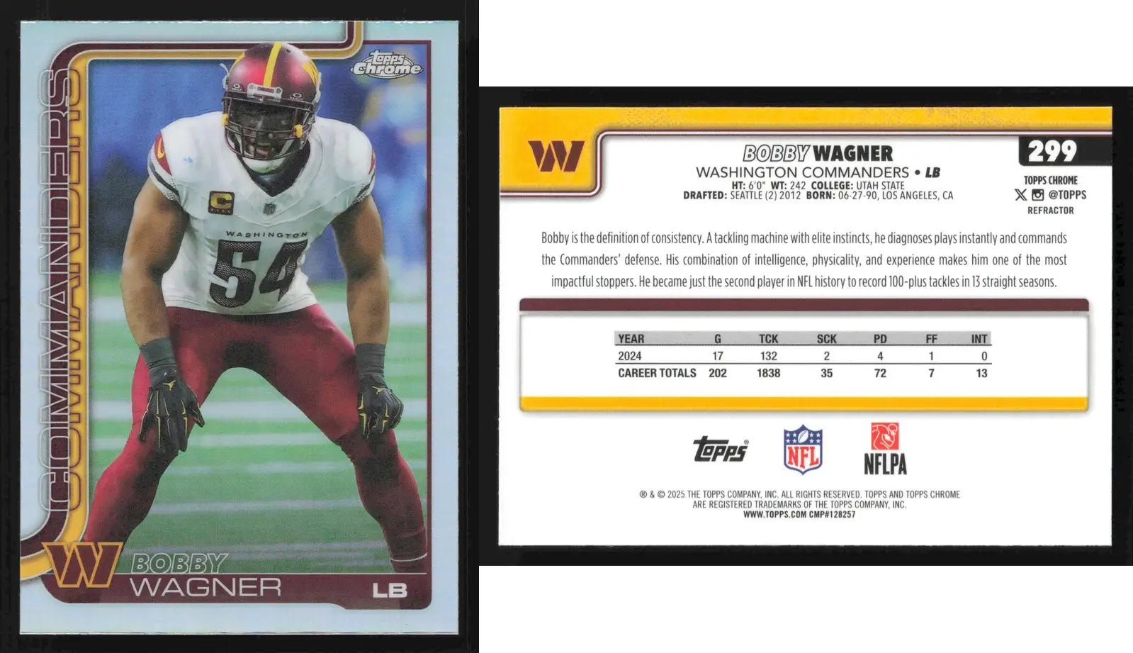 2025 Topps Chrome BOBBY WAGNER #299 Refractor Washington Commanders - Football Card Single