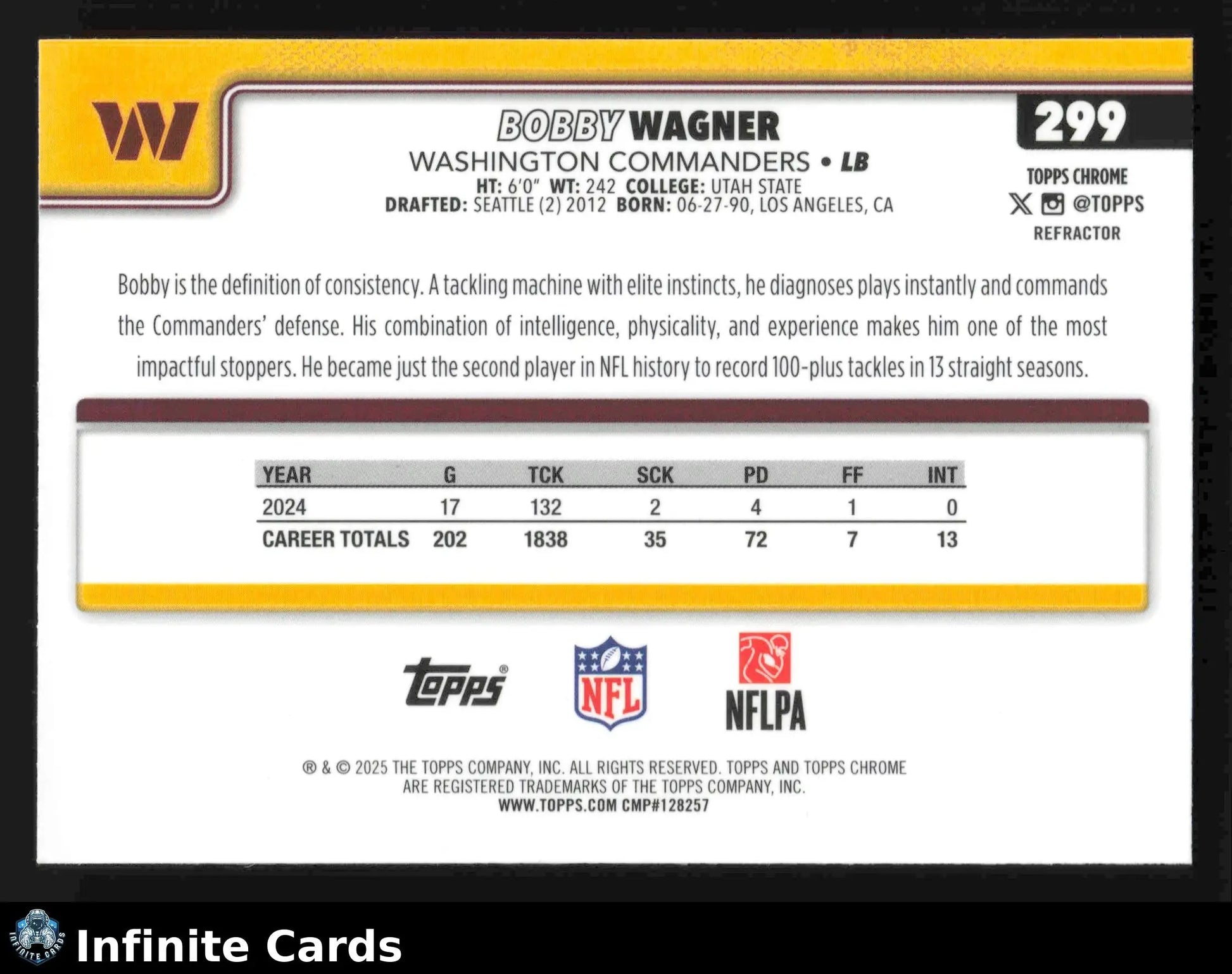 2025 Topps Chrome BOBBY WAGNER #299 Refractor Washington Commanders - Football Card Single