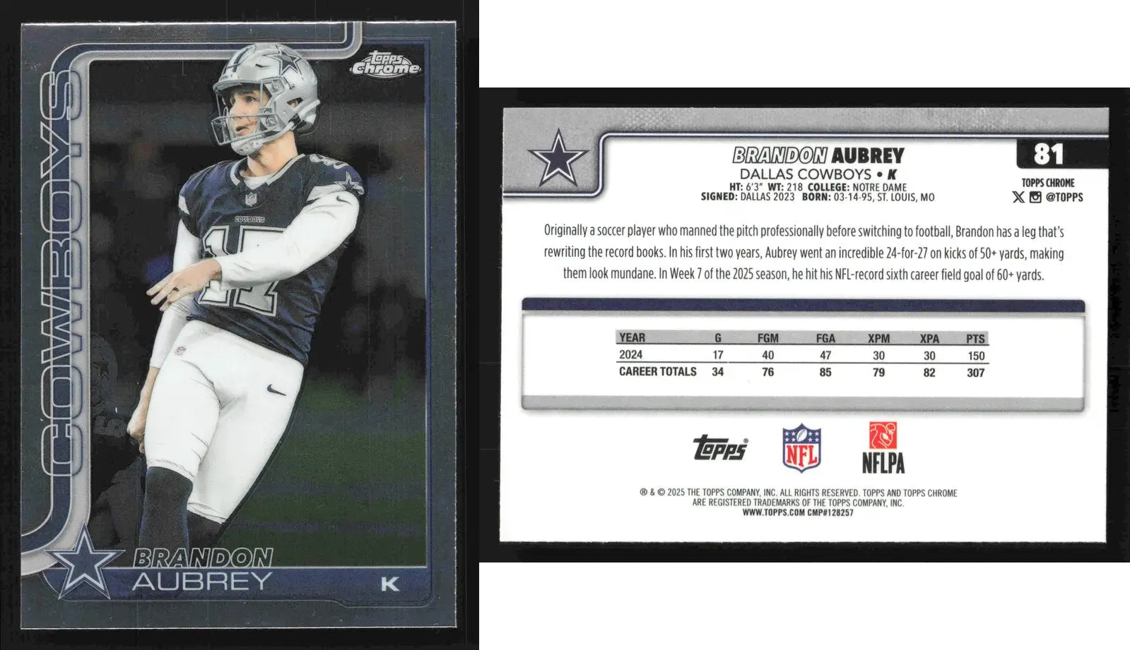 2025 Topps Chrome BRANDON AUBREY #81 Dallas Cowboys - Football Card Single