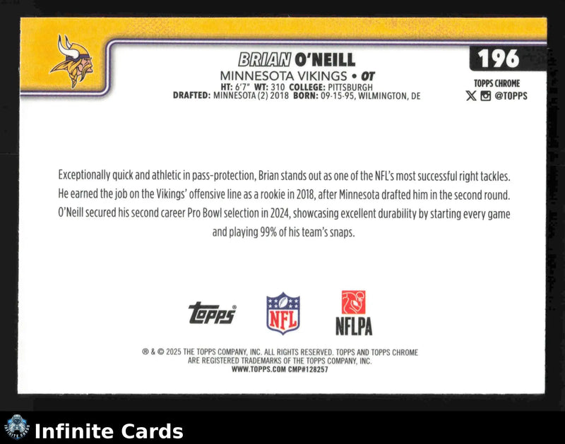 2025 Topps Chrome BRIAN O’NEILL #196 Minnesota Vikings - Football Card Single