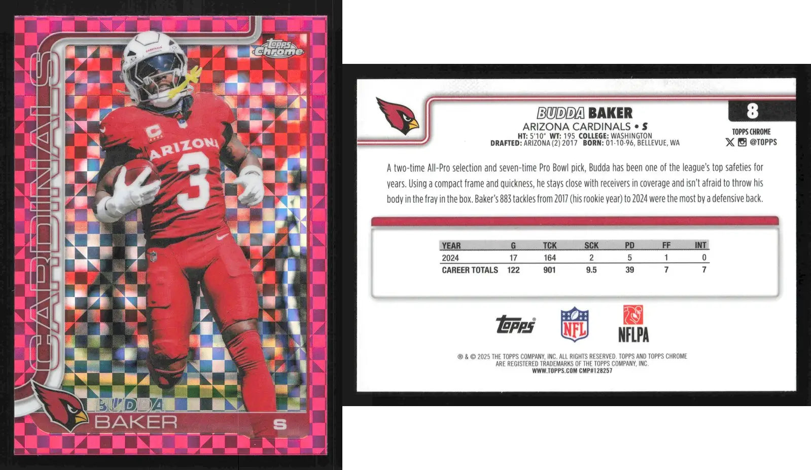 2025 Topps Chrome BUDDA BAKER #8 Hot Pink X-Fractor Arizona Cardinals - Football Card Single