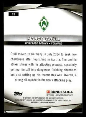 2025 Topps Chrome Bundesliga #20 Marco Grull Pulsar Refractor - Soccer Card Single