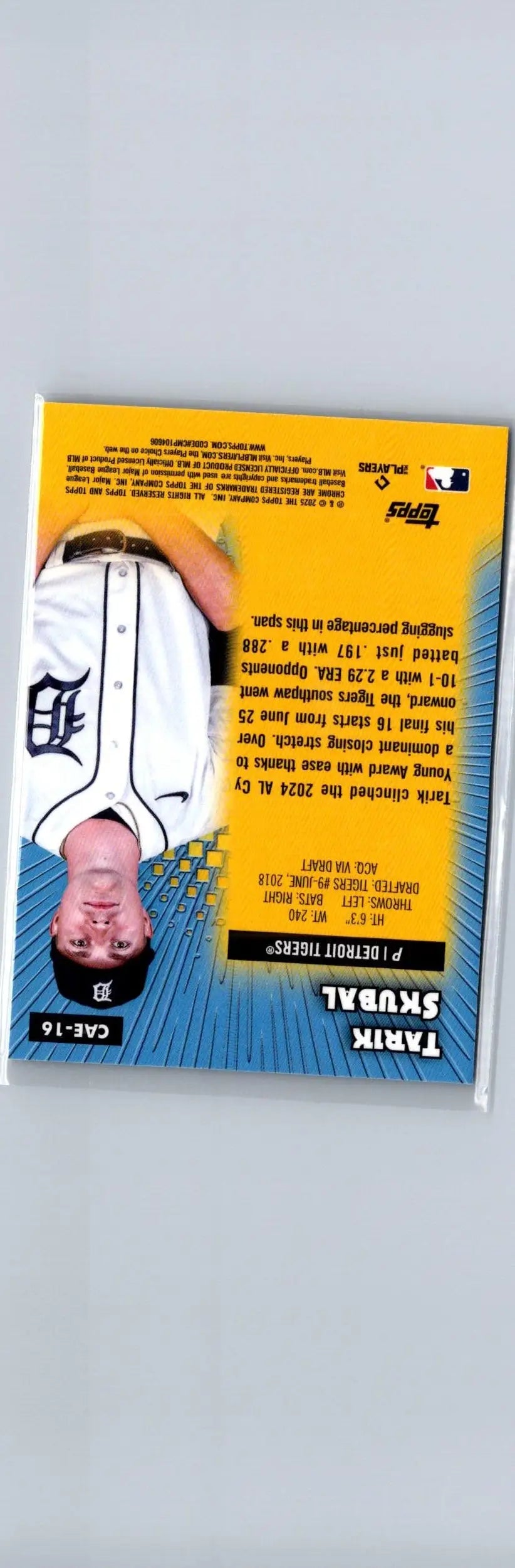 Baseball trading card featuring Tarik Skubal in Detroit Tigers uniform from 2025 Topps Chrome