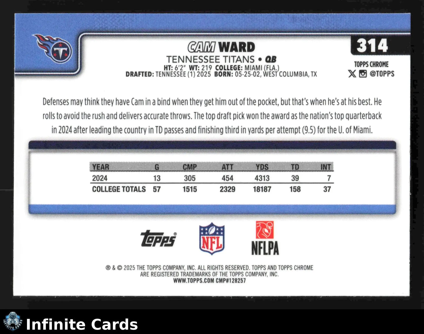2025 Topps Chrome CAM WARD #314 X-Fractor Tennessee Titans RC - Football Card Single
