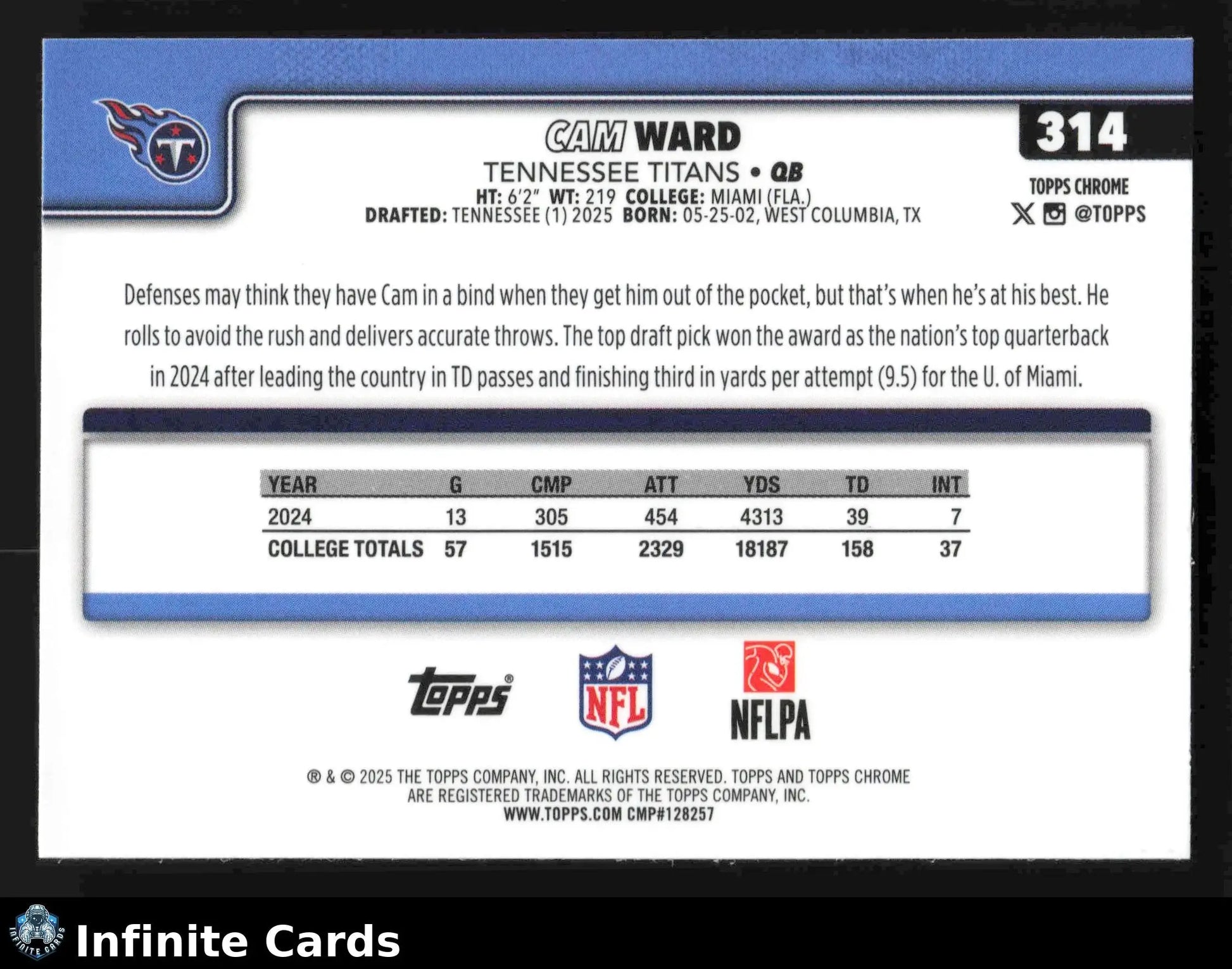 2025 Topps Chrome CAM WARD #314 X-Fractor Tennessee Titans RC - Football Card Single