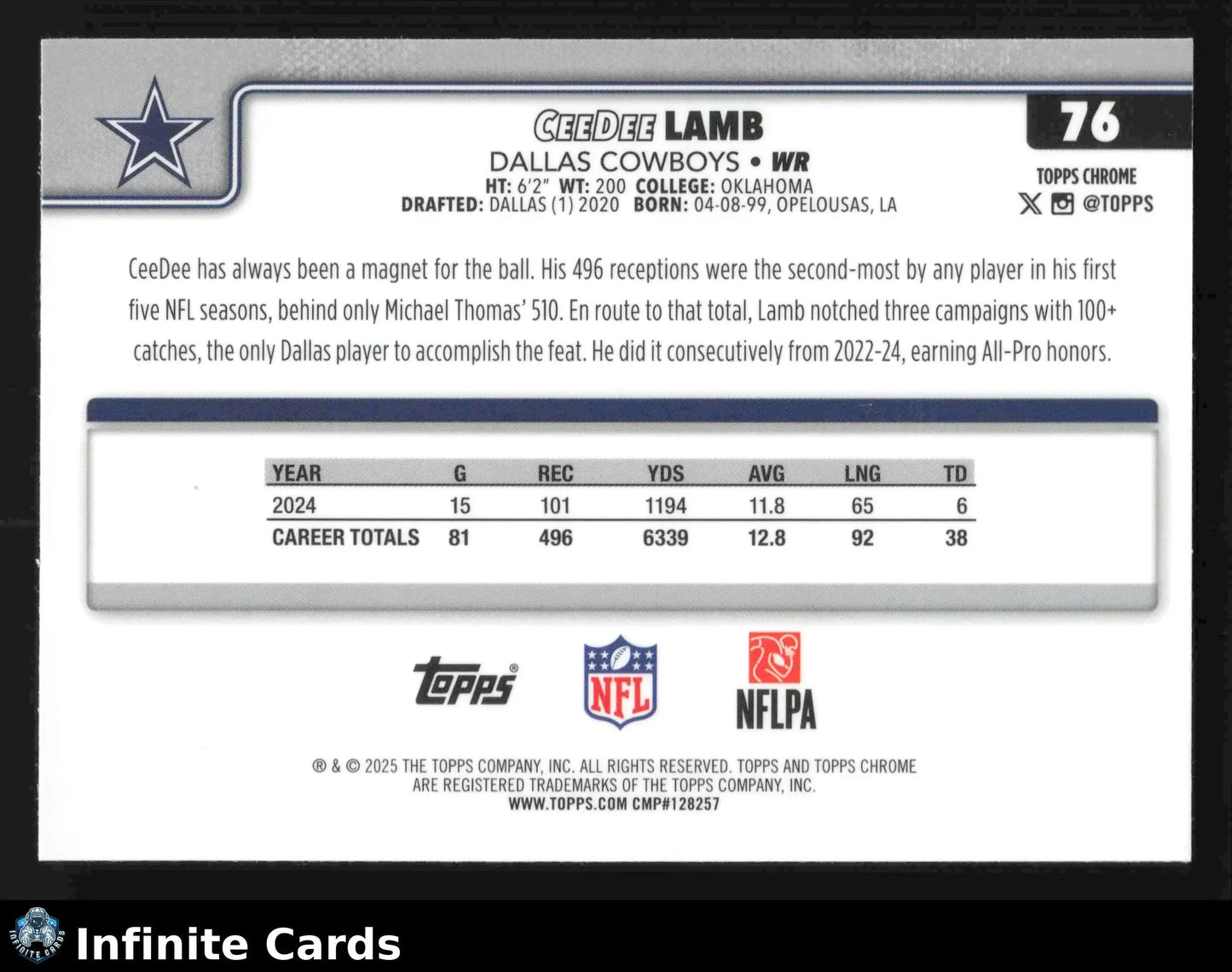 2025 Topps Chrome CEEDEE LAMB #76 Dallas Cowboys - Football Card Single