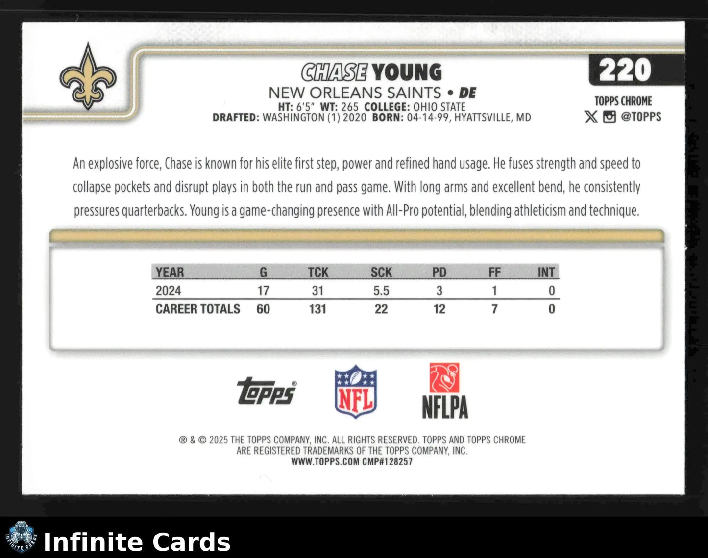 2025 Topps Chrome CHASE YOUNG #220 New Orleans Saints - Football Card Single