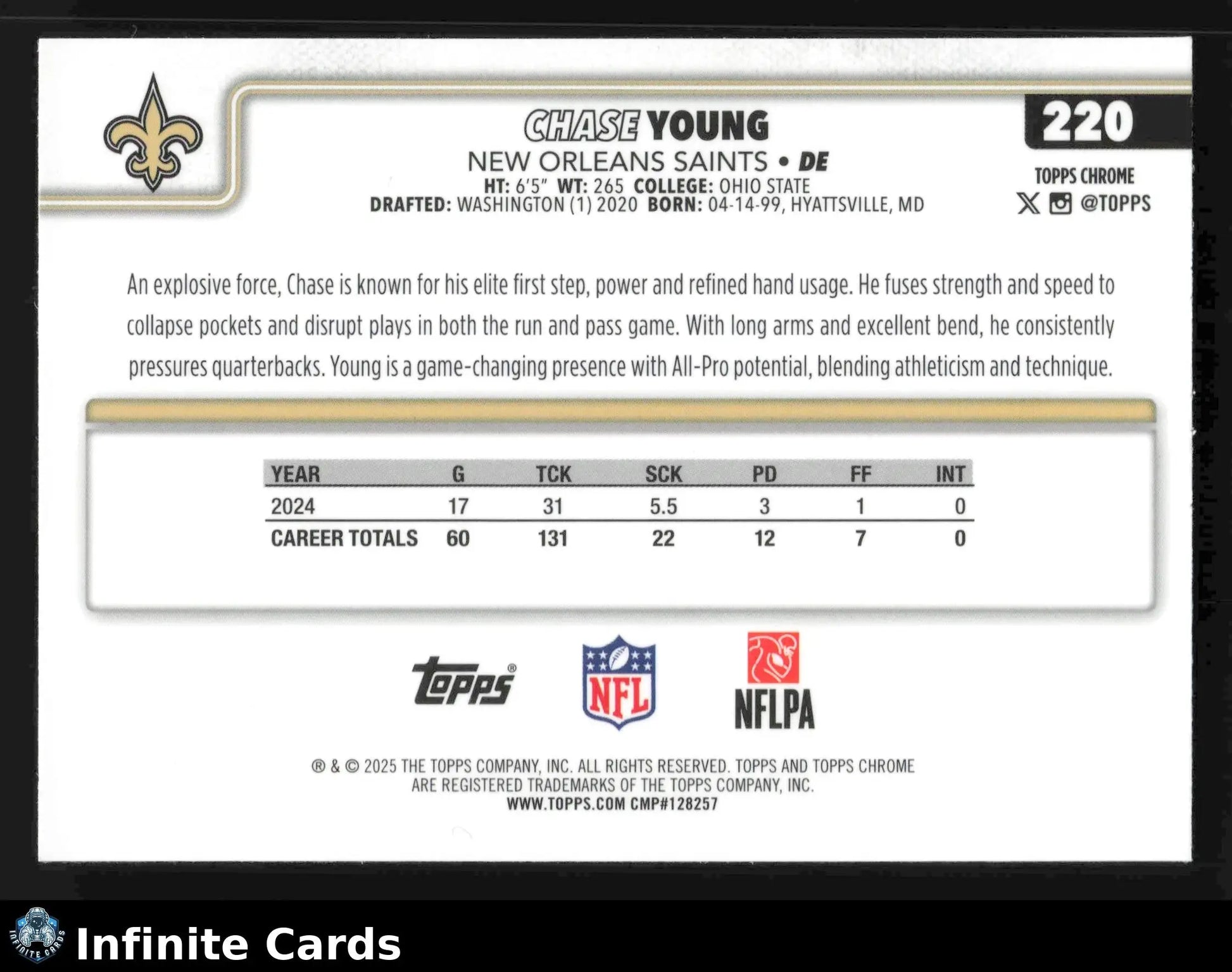 2025 Topps Chrome CHASE YOUNG #220 New Orleans Saints - Football Card Single