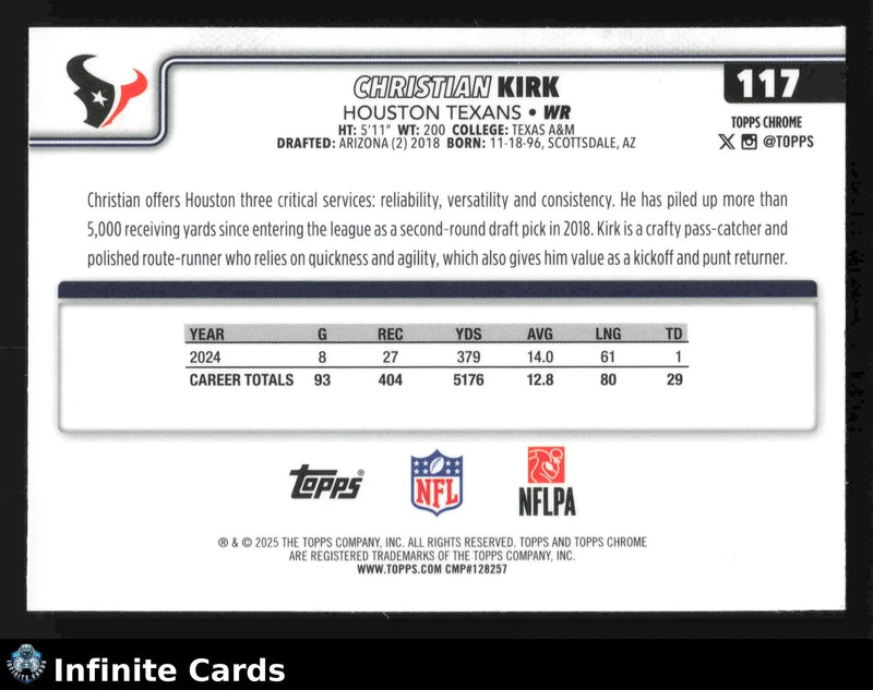 2025 Topps Chrome CHRISTIAN KIRK #117 Pulsar Houston Texans - Football Card Single