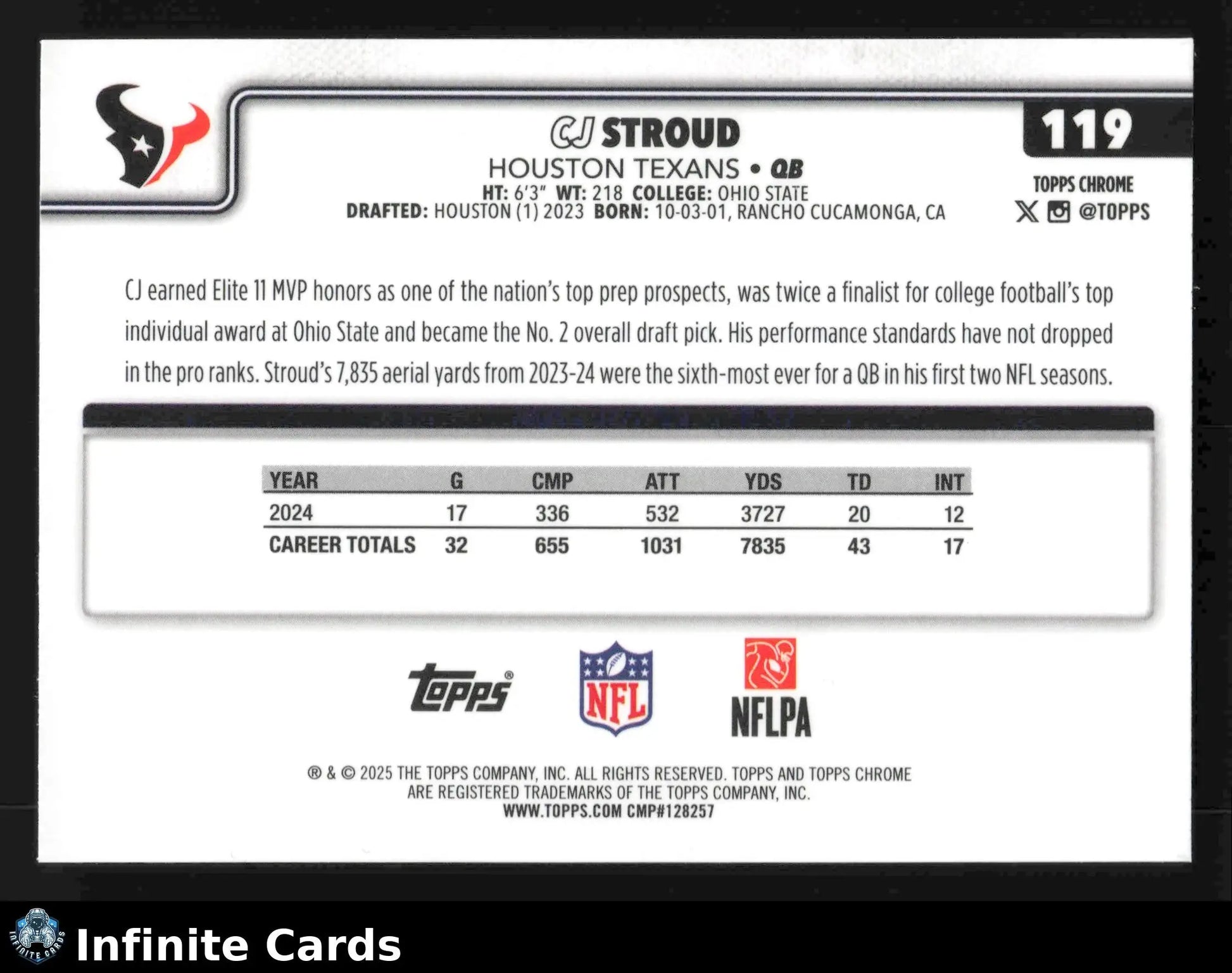 2025 Topps Chrome CJ STROUD #119 Houston Texans - Football Card Single