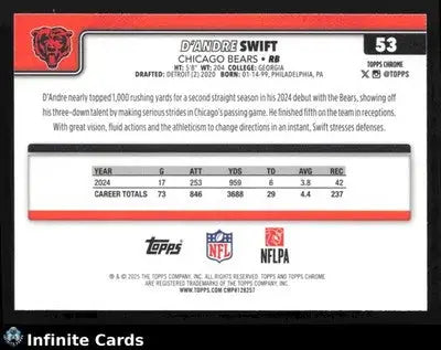2025 Topps Chrome D’ANDRE SWIFT #53 Hot Pink X-Fractor Chicago Bears - Football Card Single