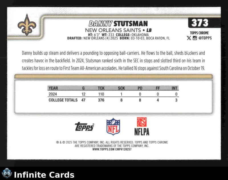 2025 Topps Chrome DANNY STUTSMAN #373 New Orleans Saints RC - Football Card Single