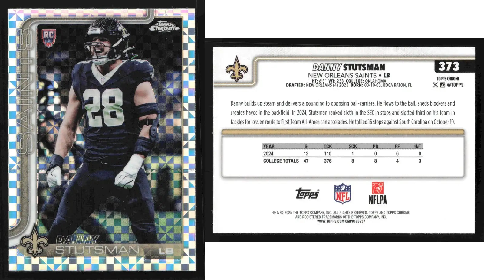 2025 Topps Chrome DANNY STUTSMAN #373 X-Fractor New Orleans Saints RC - Football Card Single
